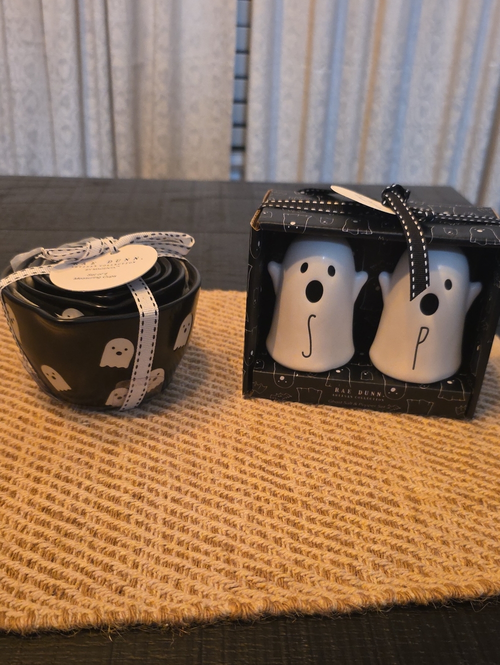 Rae Dunn Black Nesting Measuring  Bowls & White Ghost Salt and Pepper Shakers